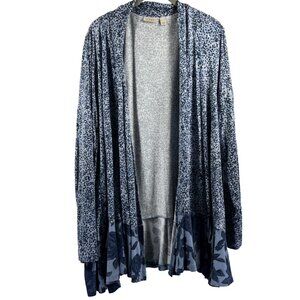 LOGO Lori Goldstein Cardigan Open Size XL‎ Blue Roses Hem Long Sleeve Pockets